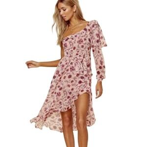 For Love & Lemons Agnes Pink Floral One Shoulder Ruffle Midi Dress Size L